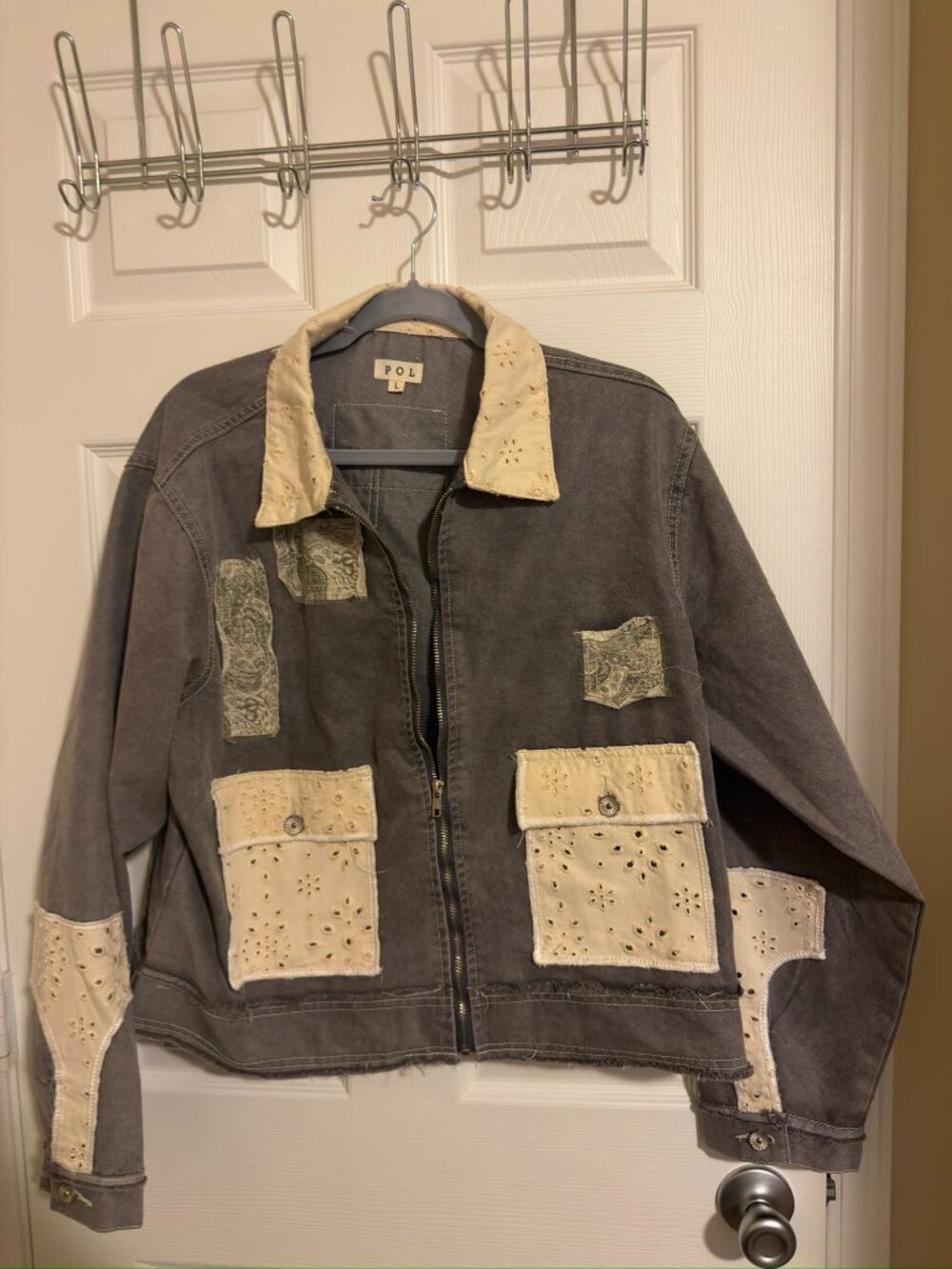POL Patchwork Eyelet Utility Jacket Washed Charcoal Large NWOT